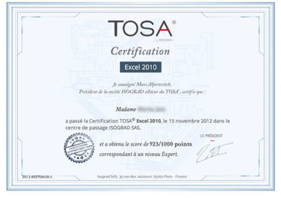 Certification TOSA EXCEL